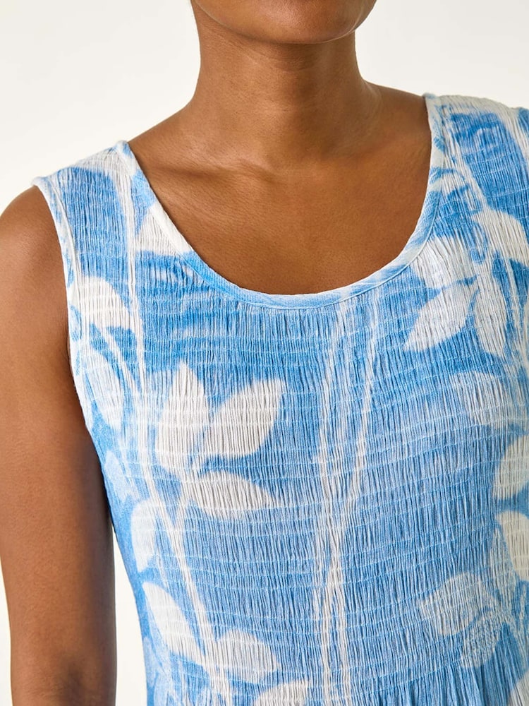 Roman Light Blue Leaf Print Shirred Bodice Midi Dress - Image 5 of 5