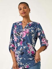 Roman Blue Floral Print Puff Print Stretch Blouse - Image 1 of 5