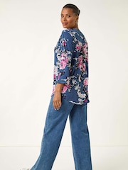 Roman Blue Floral Print Puff Print Stretch Blouse - Image 2 of 5