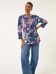 Roman Blue Floral Print Puff Print Stretch Blouse - Image 3 of 5