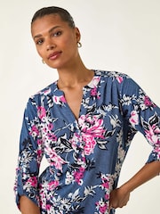 Roman Blue Floral Print Puff Print Stretch Blouse - Image 4 of 5