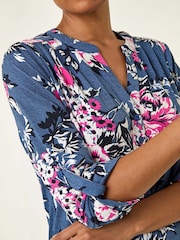 Roman Blue Floral Print Puff Print Stretch Blouse - Image 5 of 5