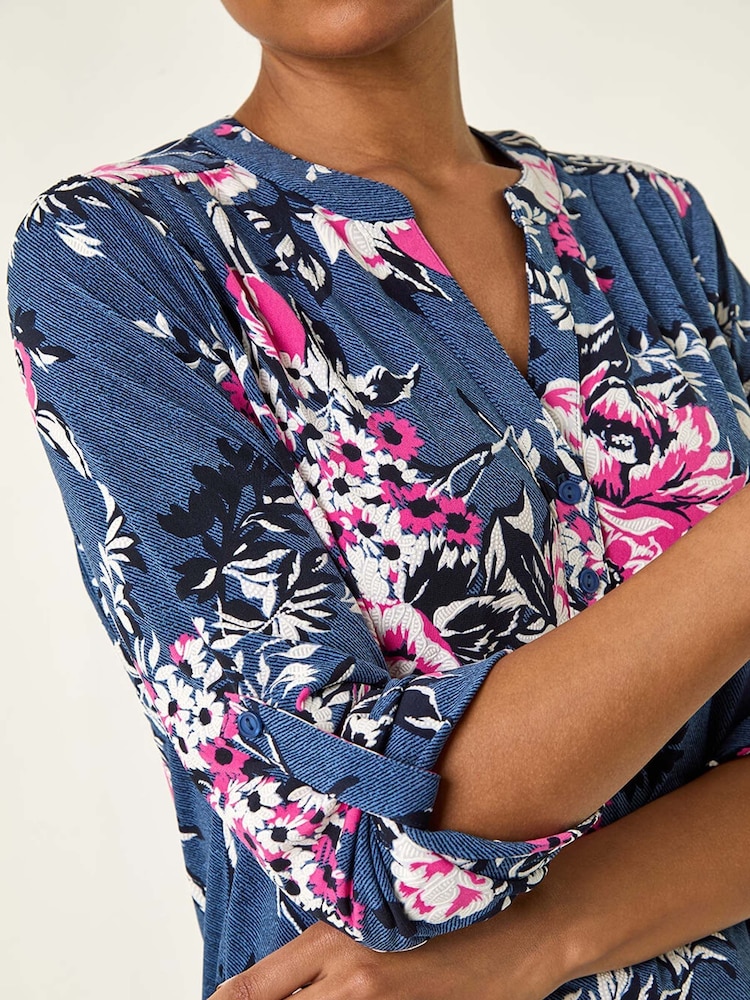Roman Blue Floral Print Puff Print Stretch Blouse - Image 5 of 5