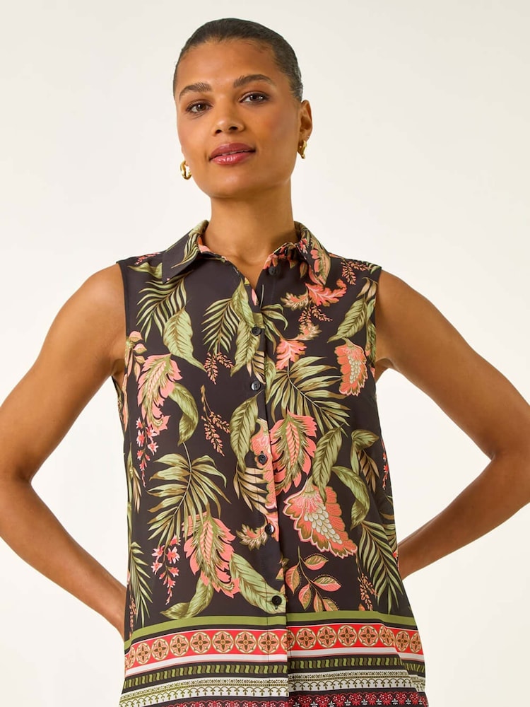 Roman Pink Floral Border Print Button Blouse - Image 1 of 5