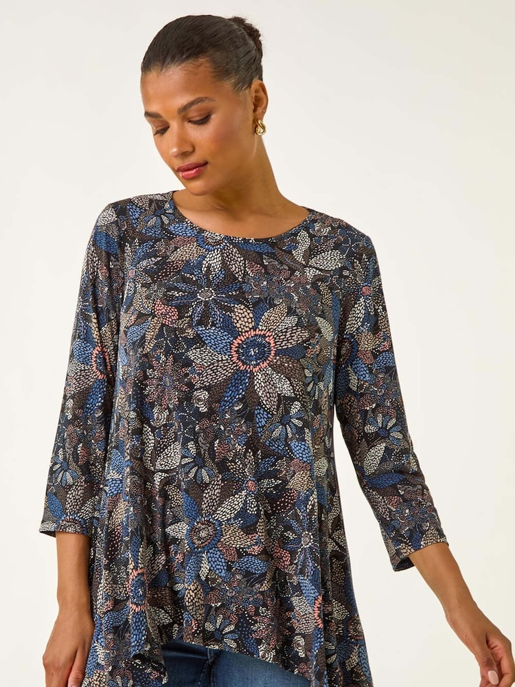 Roman Blue Floral Puff Print Stretch Top - Image 1 of 5