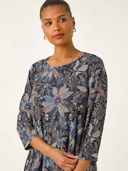 Roman Blue Floral Puff Print Stretch Top - Image 2 of 5