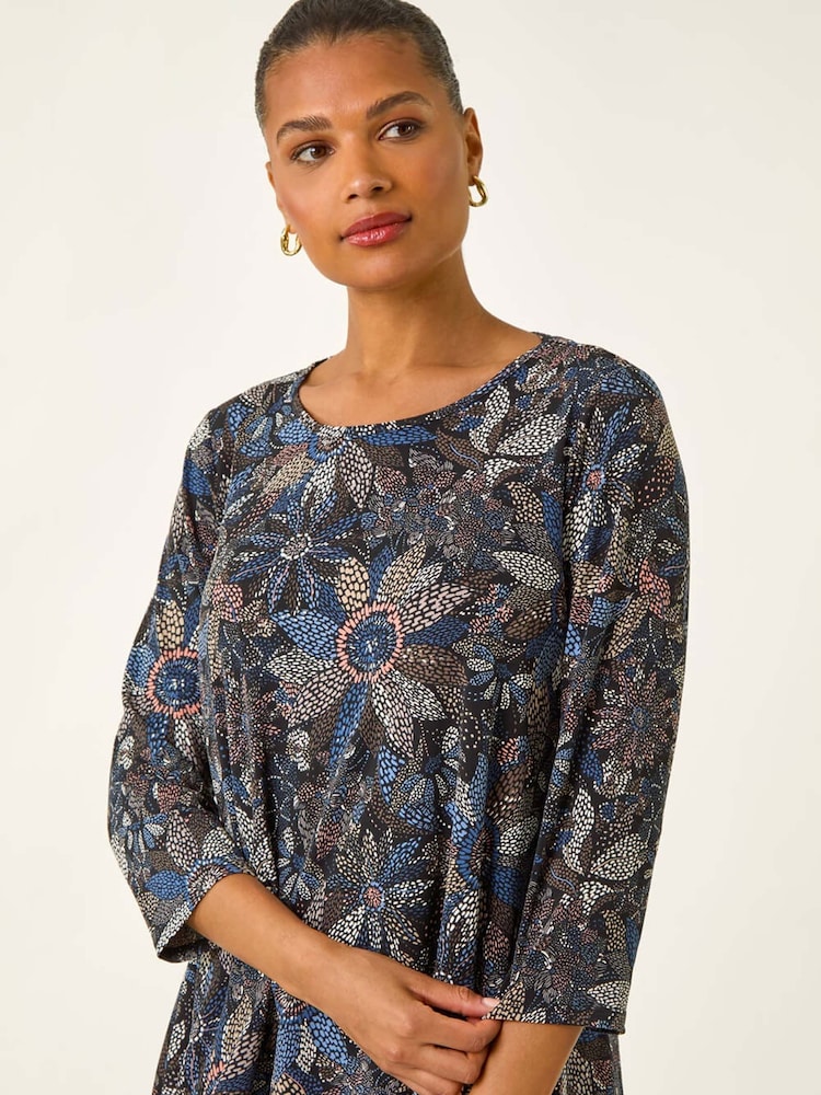 Roman Blue Floral Puff Print Stretch Top - Image 2 of 5 Roman Blue Floral Puff Print Stretch Top - Image 2 of 5