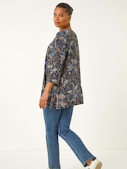 Roman Blue Floral Puff Print Stretch Top - Image 4 of 5
