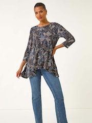 Roman Blue Floral Puff Print Stretch Top - Image 5 of 5