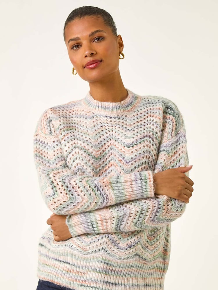 Roman Grey Zig Zag Pointelle Knit Jumper - Image 1 of 5