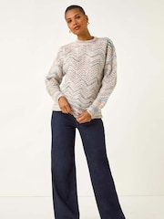 Roman Grey Zig Zag Pointelle Knit Jumper - Image 5 of 5