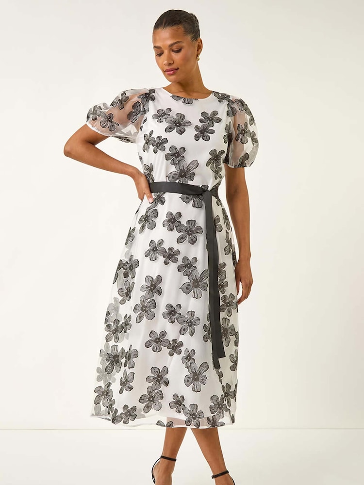 Roman White Floral Print Organza Belted Dress - Image 1 of 5