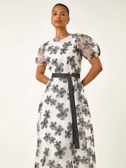 Roman White Floral Print Organza Belted Dress - Image 2 of 5