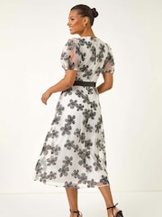 Roman White Floral Print Organza Belted Dress - Image 3 of 5