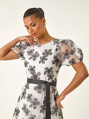 Roman White Floral Print Organza Belted Dress - Image 4 of 5