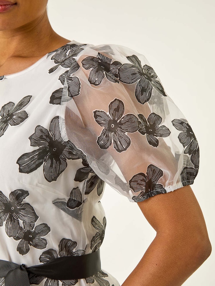 Roman White Floral Print Organza Belted Dress - Image 5 of 5
