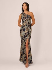 Adrianna Papell One Shoulder Jacquard Blue Dress - Image 1 of 6