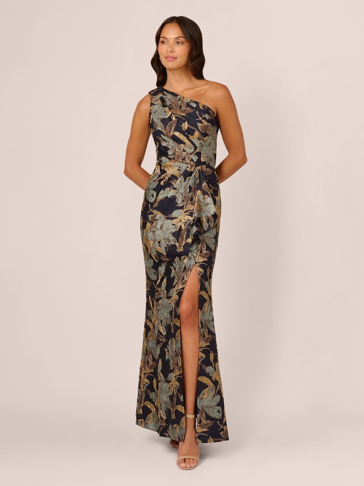 Adrianna Papell One Shoulder Jacquard Blue Dress - Image 1 of 6