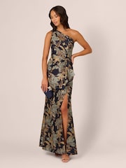 Adrianna Papell One Shoulder Jacquard Blue Dress - Image 3 of 6