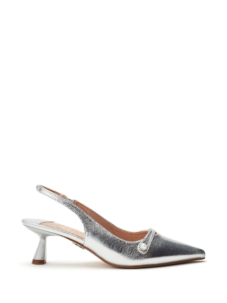 Moda in Pelle Silver Godal Pointed Heel Shoes With Front Strap And Pearl Trim - Image 1 of 4