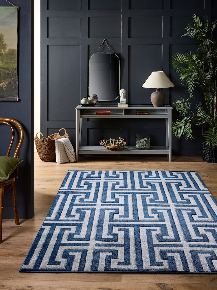 Origin Rug Collection. Navy or Grey Greek Key Rug - Image 1 of 5