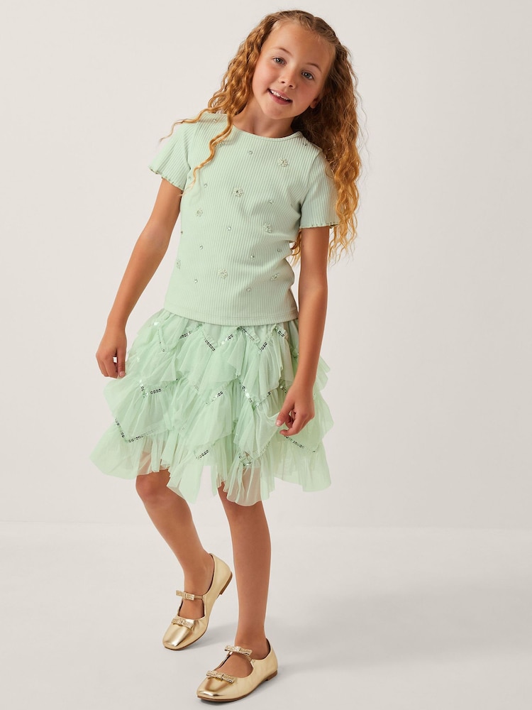 Monsoon Green Embellished T-Shirt & Ruffle Skirt Set - Image 1 of 1