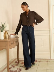 Love & Roses Chocolate Brown Long Sleeve Frill Detail Blouse - Image 3 of 4