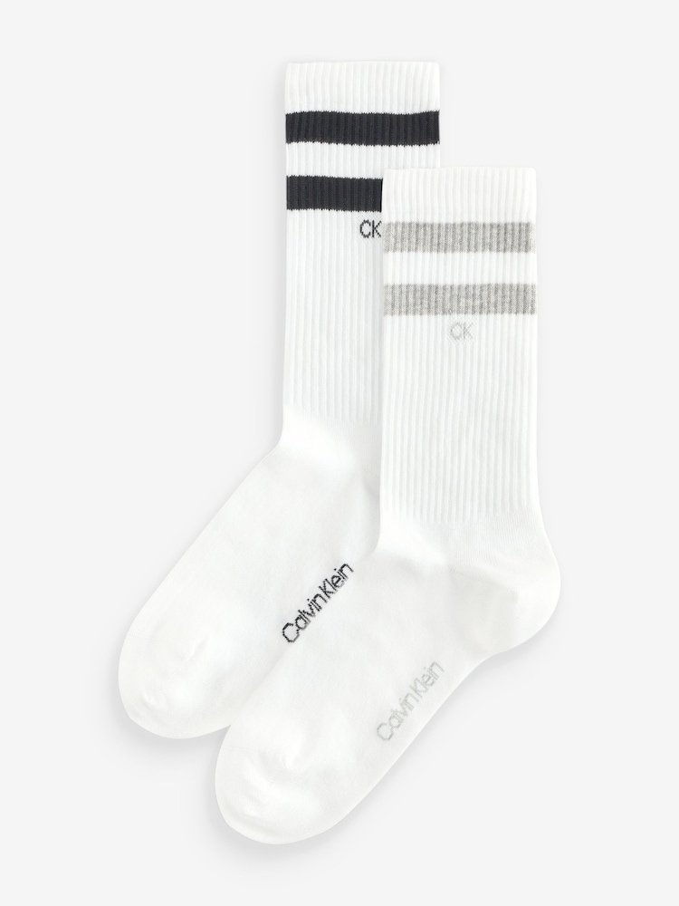 Calvin Klein White Striped Crew Socks 2 Pack - Image 1 of 3 Calvin Klein White Striped Crew Socks 2 Pack - Image 1 of 3