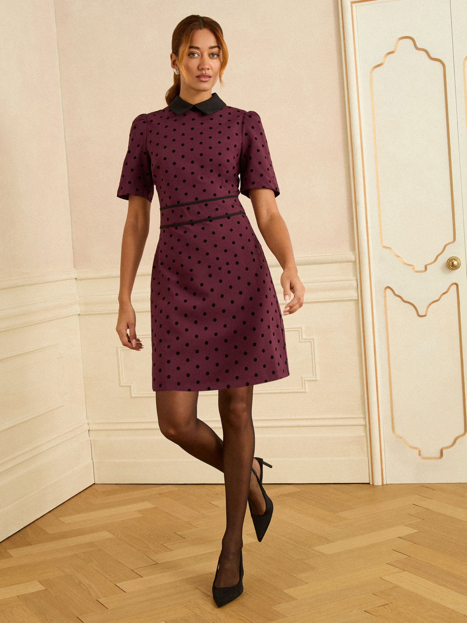 Buy Love & Roses Berry Red Flocked Spot Short Sleeve Mini Dress