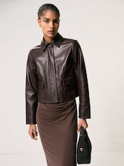 Reiss Chocolate Brown Drew Collared Leather Jacket - Image 1 of 6
