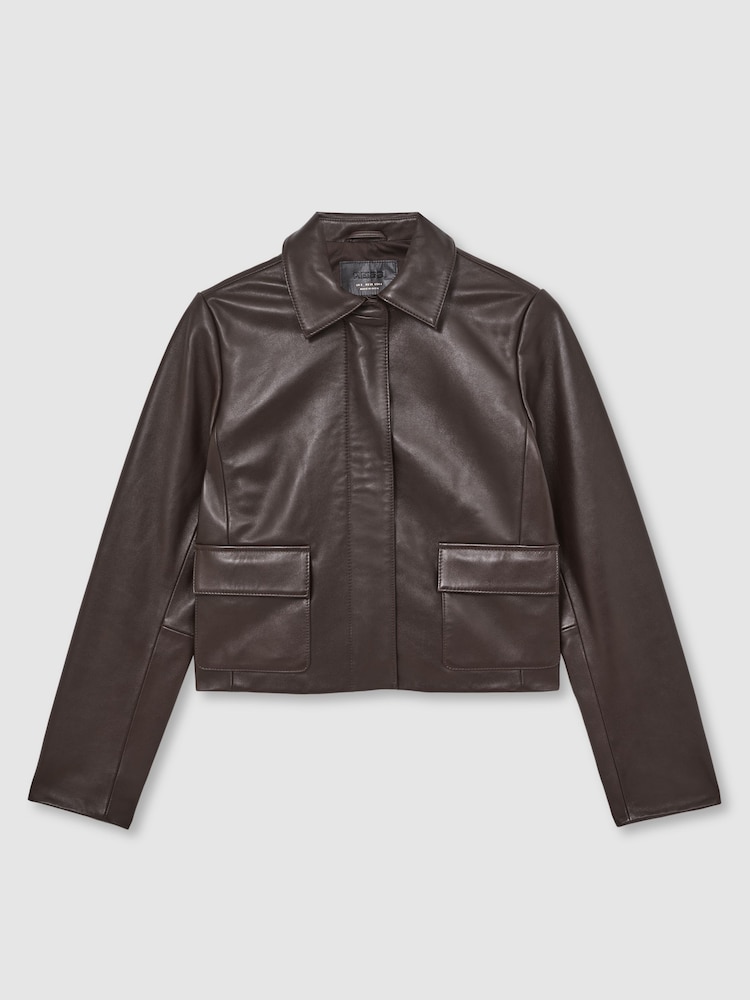 Reiss Chocolate Brown Drew Collared Leather Jacket - Image 2 of 6
