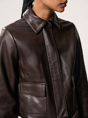 Reiss Chocolate Brown Drew Collared Leather Jacket - Image 3 of 6
