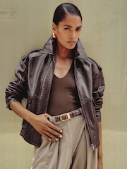Reiss Aubergine Peyton Petite Oversized Leather Jacket - Image 1 of 9