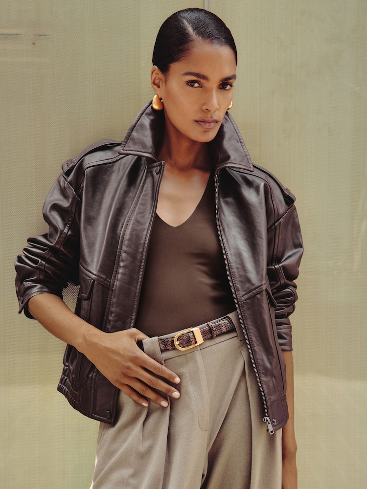 Reiss Aubergine Peyton Petite Oversized Leather Jacket - Image 1 of 9