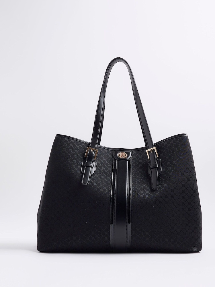 River Island Black Jacquard Monogram Shopper Bag - Image 1 of 6 River Island Black Jacquard Monogram Shopper Bag - Image 1 of 6
