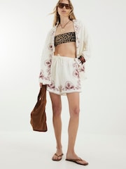 River Island Cream Linen Blend Embroidered Shorts - Image 1 of 4