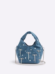 River Island Blue Diamante Denim Bow Grab Bag - Image 1 of 5