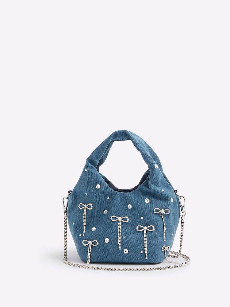 River Island Blue Diamante Denim Bow Grab Bag - Image 1 of 5