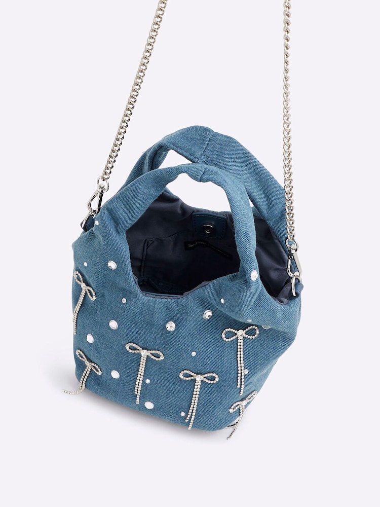 River Island Blue Diamante Denim Bow Grab Bag - Image 2 of 5