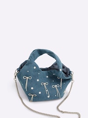 River Island Blue Diamante Denim Bow Grab Bag - Image 3 of 5