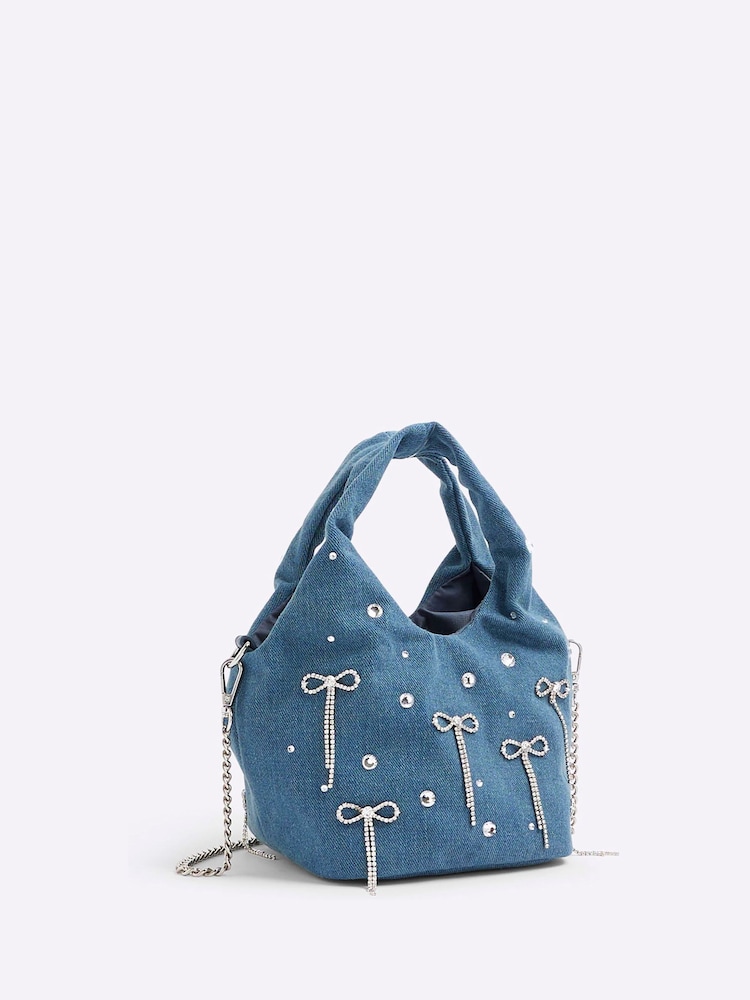 River Island Blue Diamante Denim Bow Grab Bag - Image 5 of 5