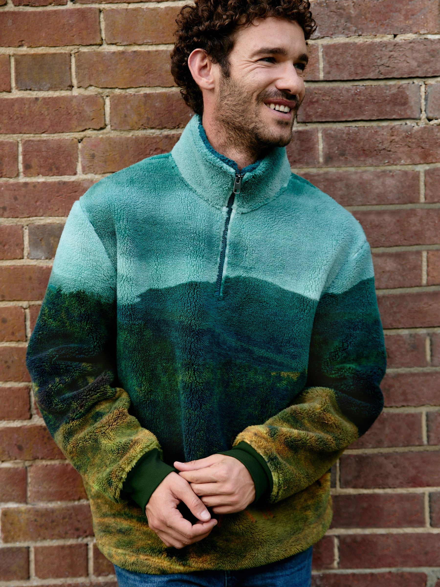 Buy Green Deer Scene Borg Fleece Zip Neck from Next USA
