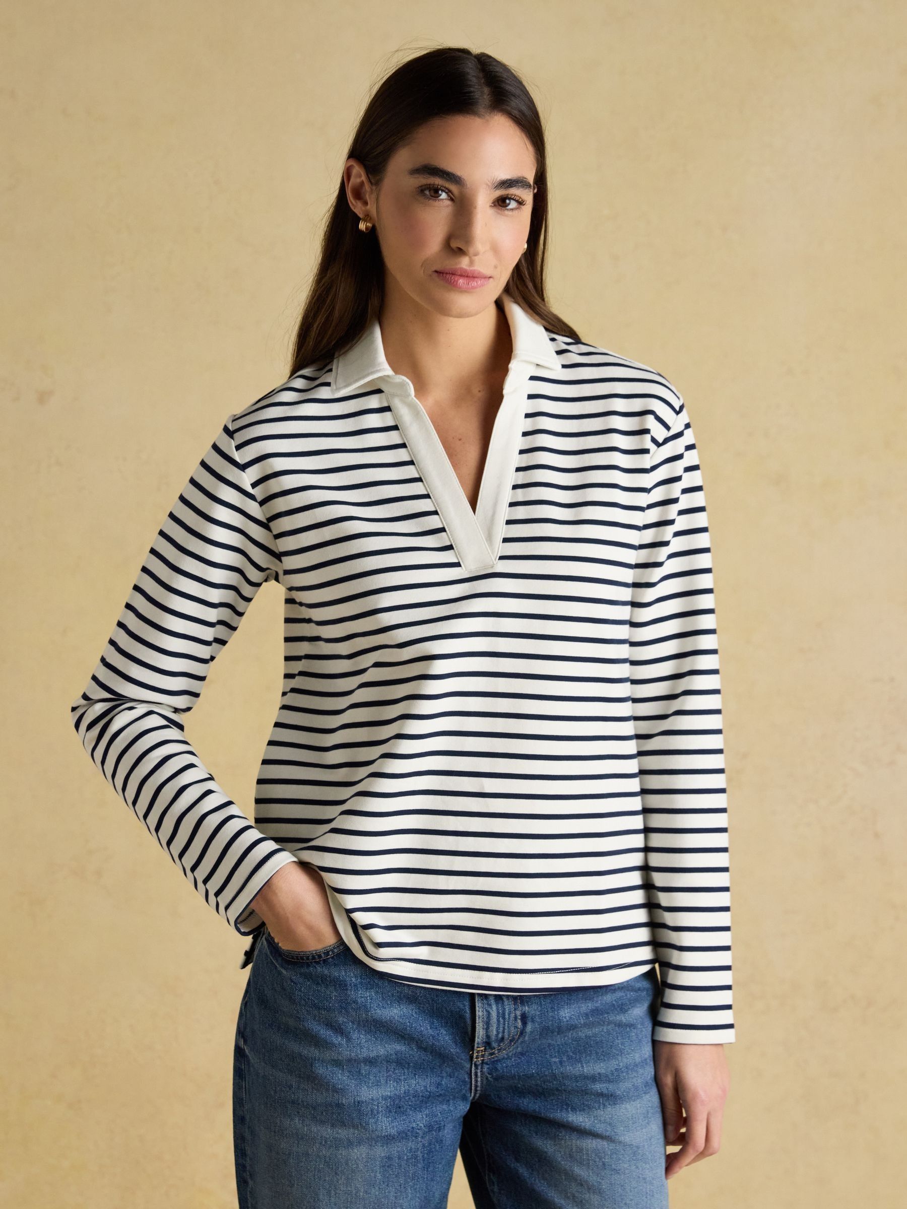 Joules Women's Cream & Navy Striped Cotton Blend Collared Sweatshirt Size 14