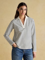Joules Cream & Navy Striped Cotton Blend Collared Sweatshirt - Image 3 of 8