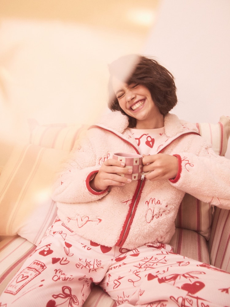 Pink/Red Heart Borg Full Zip Fleece - Image 2 of 10 Pink/Red Heart Borg Full Zip Fleece - Image 2 of 10