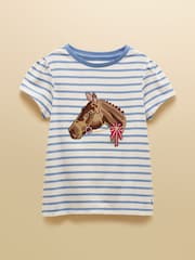 Joules Girls' Astra Blue Stripe Horse Applique Cotton T-Shirt - Image 1 of 5