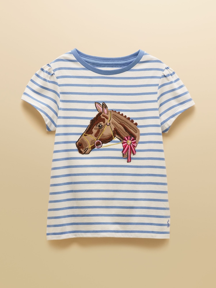 Joules Girls' Astra Blue Stripe Horse Applique Cotton T-Shirt - Image 1 of 5 Joules Girls' Astra Blue Stripe Horse Applique Cotton T-Shirt - Image 1 of 5