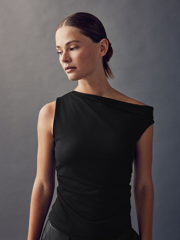Black Asymmetric Shoulder Sleeveless Top - Image 1 of 8 Black Asymmetric Shoulder Sleeveless Top - Image 1 of 8
