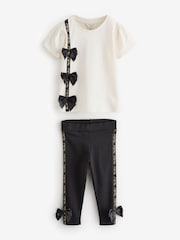 River Island Cream Girls Branded Bow T-Shirt Set - Image 1 of 1