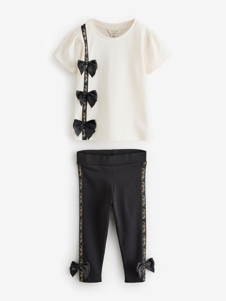 River Island Cream Girls Branded Bow T-Shirt Set - Image 1 of 1